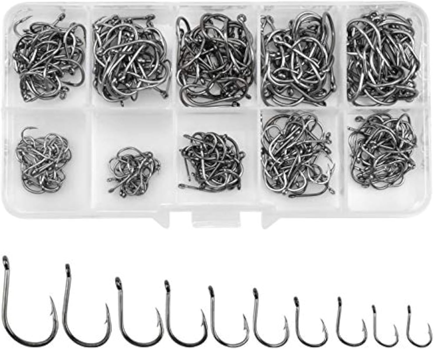 Jinlaili Fishing Hooks, 300 Pieces Carbon Steel Fishing Hooks in 10 Sizes, Fishing Hooks with Barbs, Fishing Hooks with Eyelet, Fishing Accessories with Plastic Box, 3#-12#