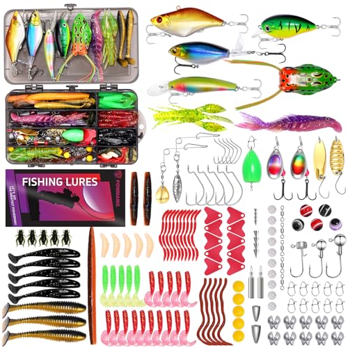 153-teiliges Angelköder-Set – komplettes Angelausrüstungsset mit Schwimmködern, Gewichten, verschiedenen Ködern, Haken und Angelzubehör für Barsch, Forelle, Zander, Süßwasser und Salzwasser, Geschenk